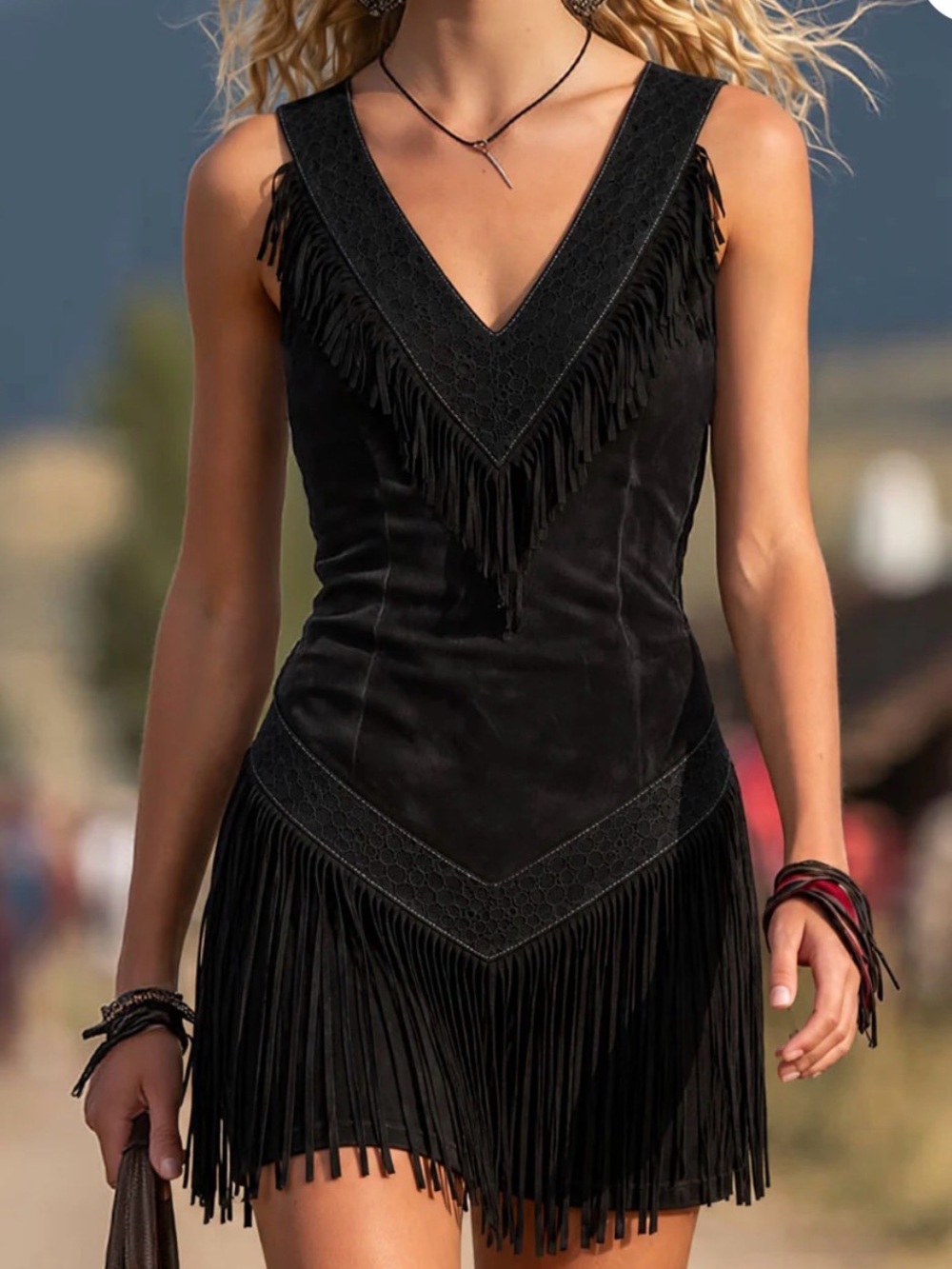 Oyrosy Faux Suede Fringe Dress